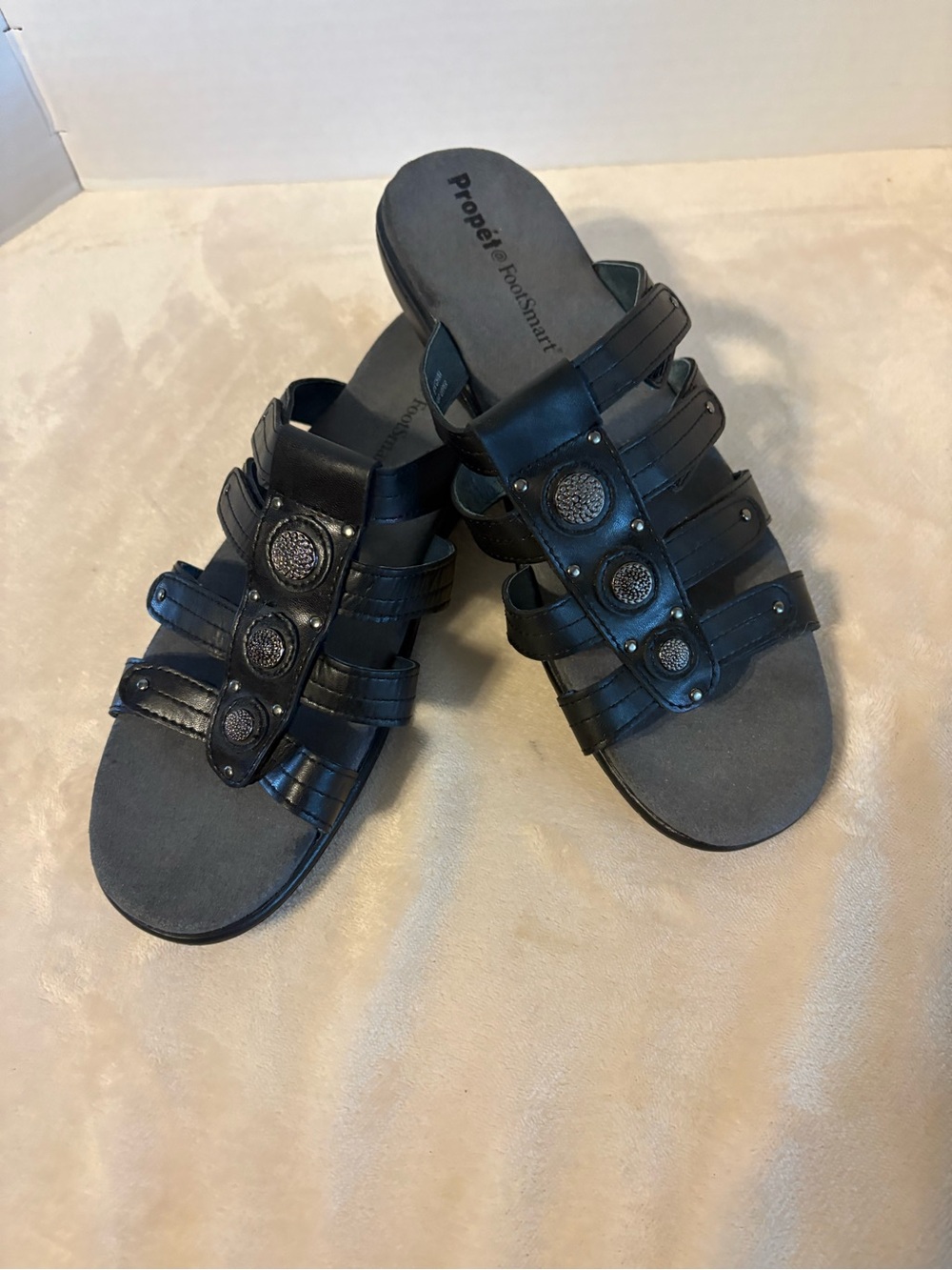 Propét Black Multi-Strap Slide Sandals with Decorative Medallions
